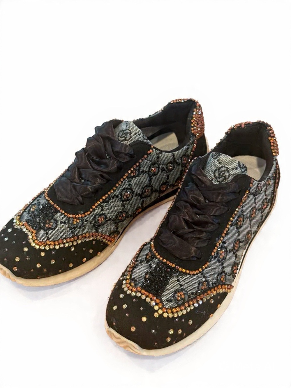 NEW Custom Rhinestone Sneakers Black Gold Crystal Glam Shoes Sz 39 “Gucciesque”